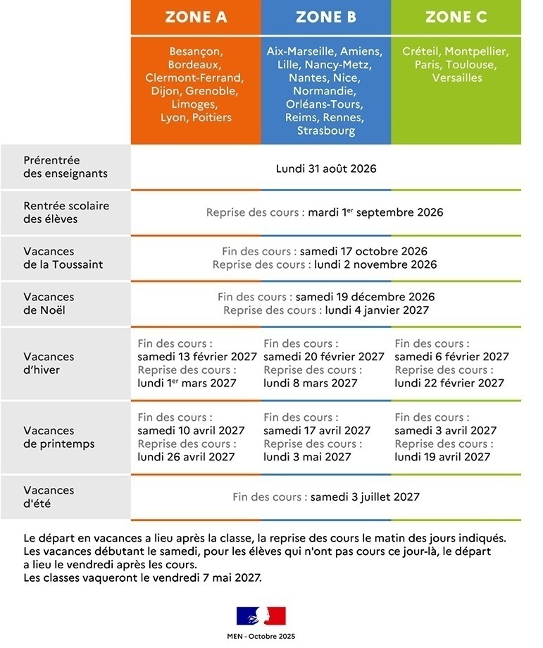 CALENDRIER VACANCES SCOLAIRES 2026 2027