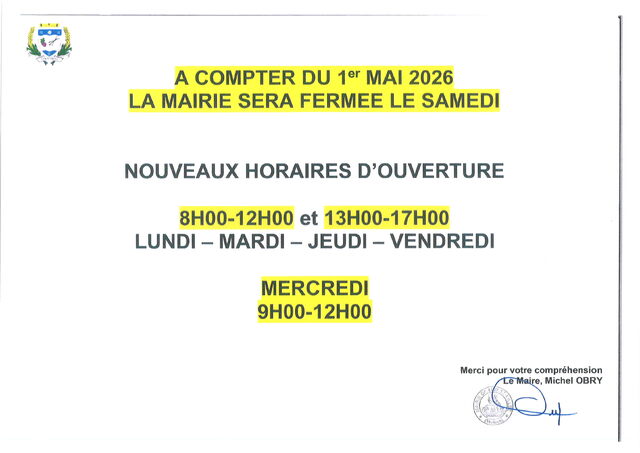 NOUVEAUX HORAIRES MAIRIE
